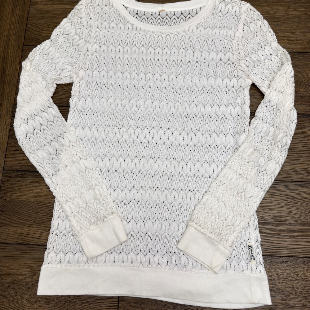 Seven7 Womens White Open Knit Lace Long Sleeve Crew Neck Top Chevron Pattern